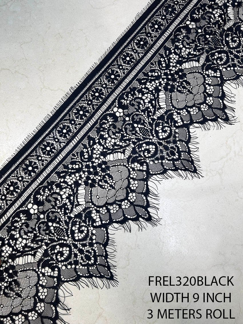 FREL320 Black Chantilly Eyelash Luxury Lace 9 Inch Floral Bridal Lace 3 Meter Roll