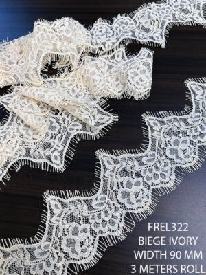 FREL322 90 MM beige ivory Chantilly eyelash lace with floral design and eyelash edges
