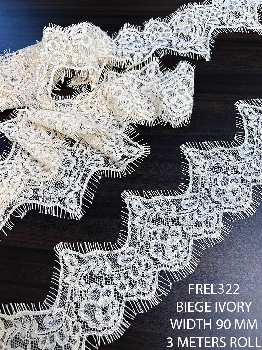 FREL322 90 MM beige ivory Chantilly eyelash lace with floral design and eyelash edges