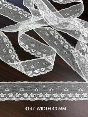R147 Fine White Raschel Nylon Floral Mesh Lace 40MM Export Quality