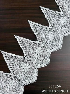 SC1264 8.5 inch white polyester chemical guipure lace with floral motifs and pointed scalloped edge