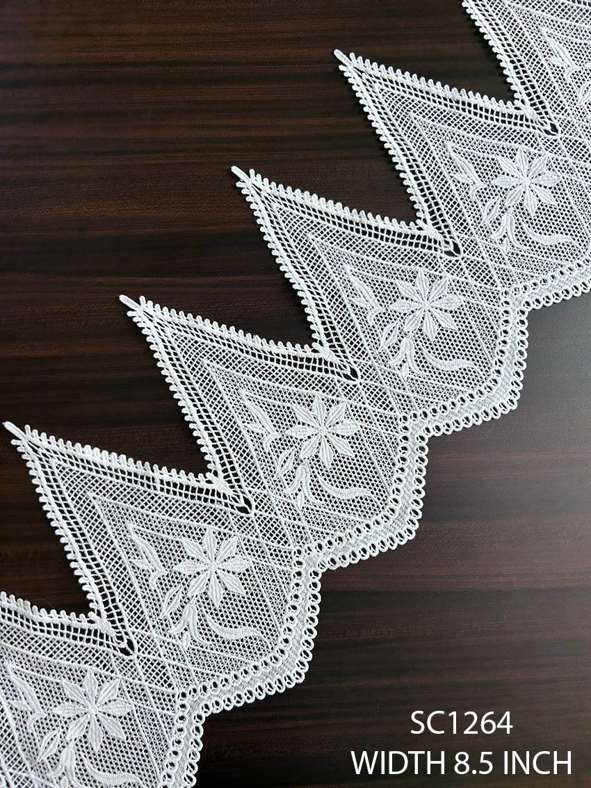 SC1264 8.5 inch white polyester chemical guipure lace with floral motifs and pointed scalloped edge
