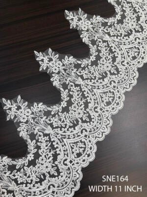 SNE164 11 inch white bridal net cording lace with floral and scalloped border design