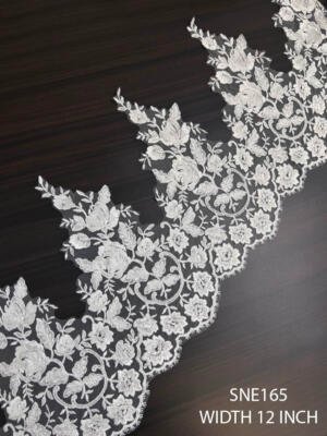 SNE165 12 inch white bridal net embroidery lace with large floral and leafy vine design