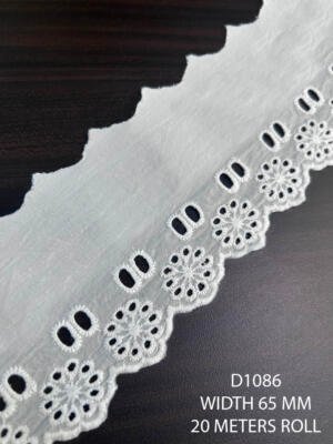 D1086 white embroidered cotton lace with ribbon pass holes 65 mm wide 20 meter roll