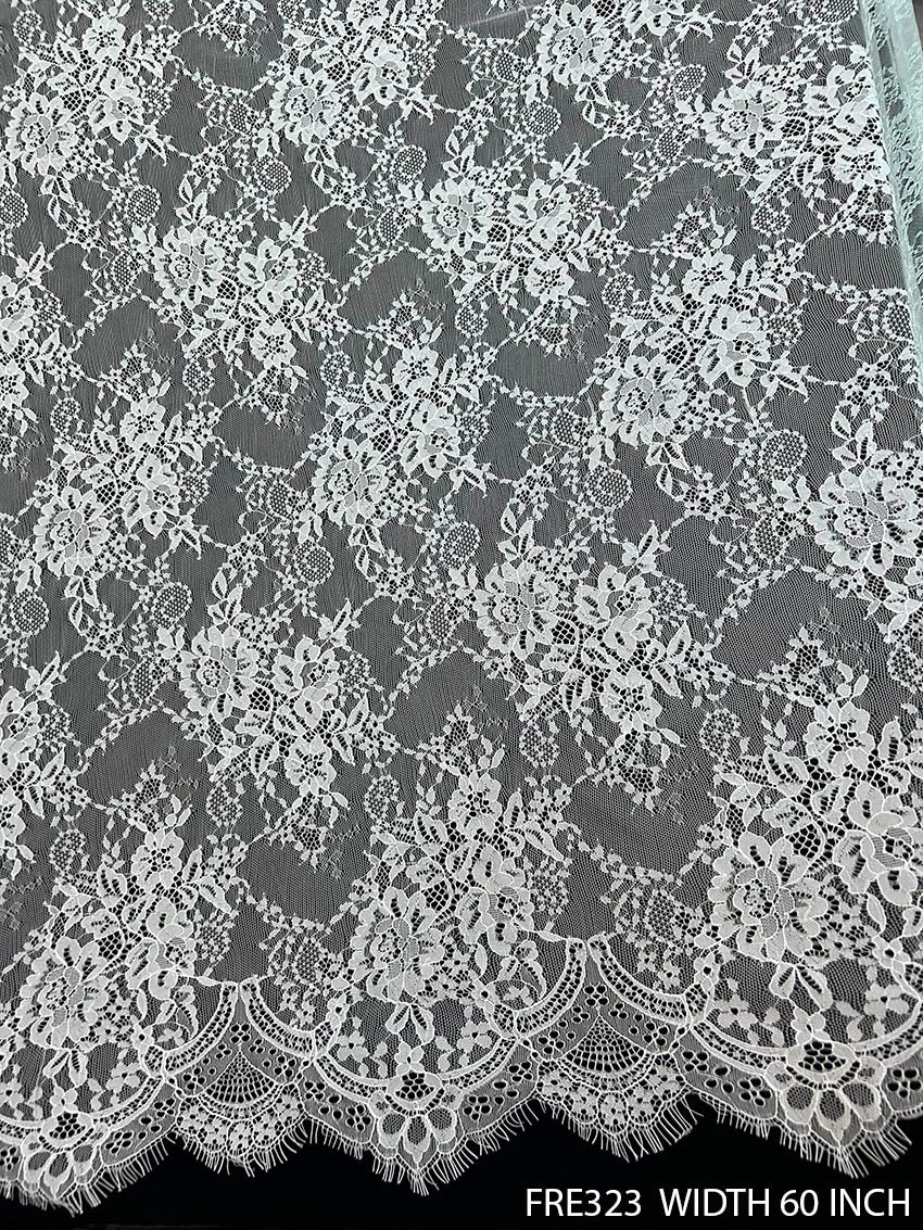 FRE323 60 inch white dyeable Chantilly eyelash lace fabric with floral pattern and scalloped edges