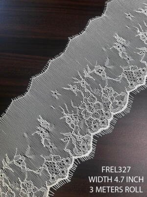 FREL327 4.7 inch fine white Chantilly eyelash lace with delicate floral embroidery and scalloped eyelash edge