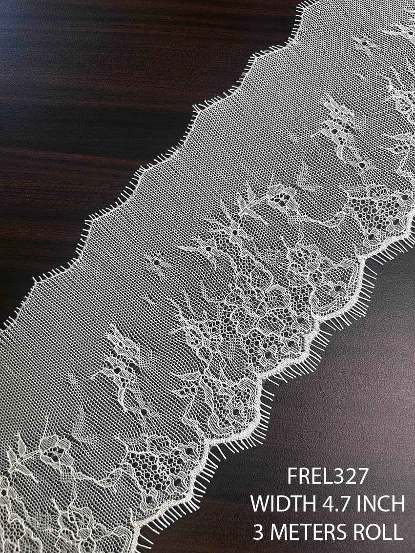 FREL327 4.7 inch fine white Chantilly eyelash lace with delicate floral embroidery and scalloped eyelash edge