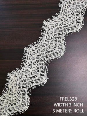 FREL328 Chantilly pearl white cording fine lace 3 inch wide 3 meter roll with floral and openwork detailing