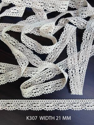 K307 greige cotton crochet lace 21 mm wide dyeable