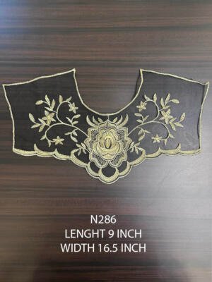 N286 black net and gold lurex neck yoke lace patch 9 x 16.5 inch floral design