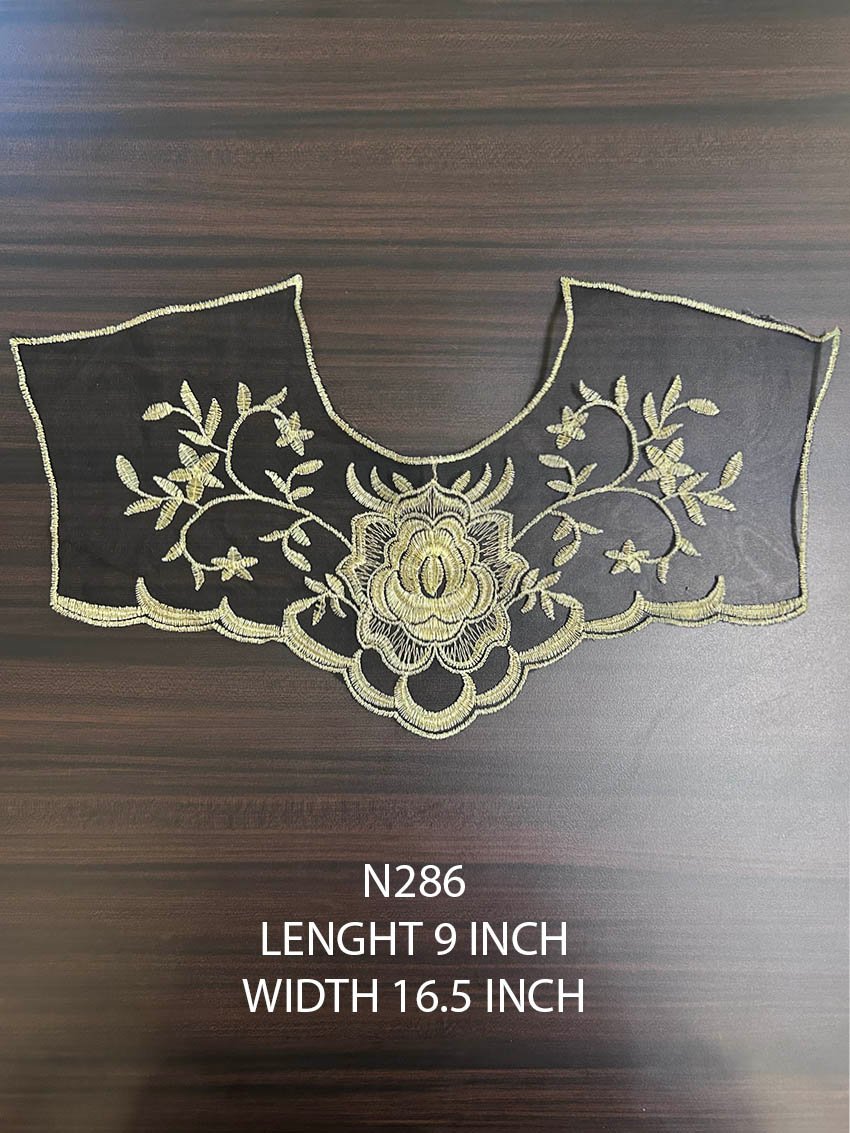 N286 black net and gold lurex neck yoke lace patch 9 x 16.5 inch floral design