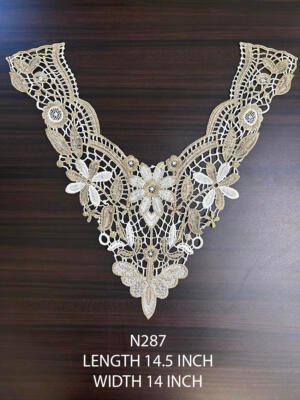 N287 white and gold neck yoke lace patch 14.5 x 14 inch fine floral design