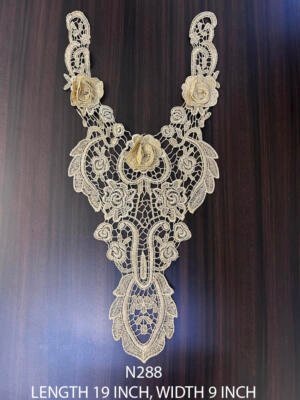 N288 gold lurex neck yoke patch with 3D flowers 19 x 9 inch