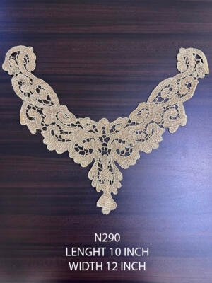 N290 gold neck yoke lace patch 10 x 12 inch with intricate floral and paisley detailing