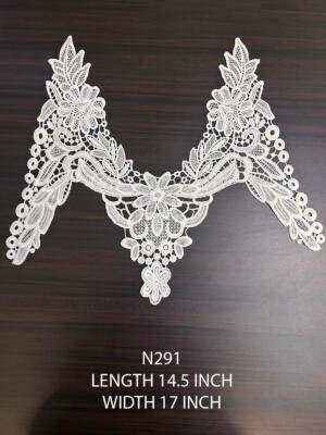 N291 M shape poly white neck lace yoke patch 14.5 x 17 inch with floral and leaf detailing