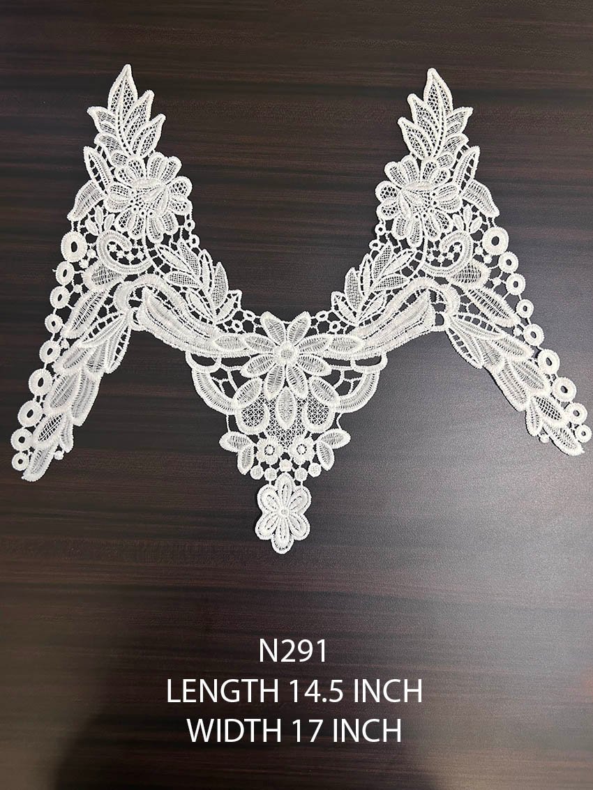 N291 M shape poly white neck lace yoke patch 14.5 x 17 inch with floral and leaf detailing