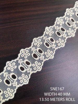 SNE167 net embroidered cotton greige lace with ribbon pass holes 40 mm wide 13.50 meter roll