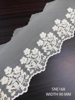 SNE168 cotton net embroidered greige lace 90 mm total width with 60 mm embroidery