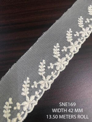 SNE169 greige cotton net embroidered lace 42 mm wide 13.50 meter roll dyeable