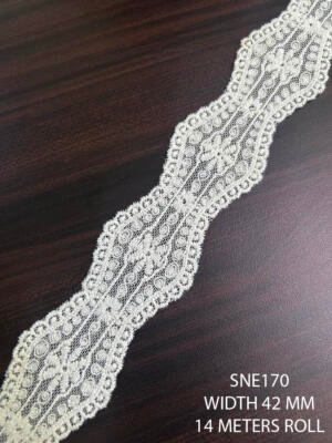 SNE170 white cotton net embroidered lace 42 mm wide 14 meter roll dyeable