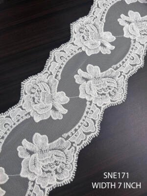 SNE171 white floral embroidered net lace 7 inch wide