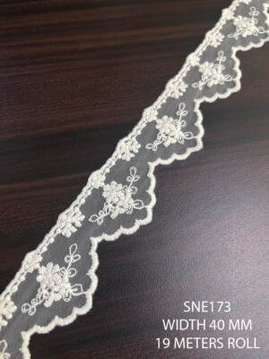 SNE173 white cotton net embroidered lace 40 mm wide 19 meter roll