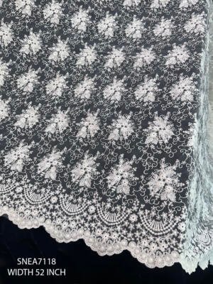 SNEA7118 52 inch white polyester organza net embroidery allover fabric with floral embroidery and scalloped edge