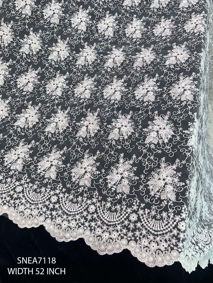 SNEA7118 52 inch white polyester organza net embroidery allover fabric with floral embroidery and scalloped edge