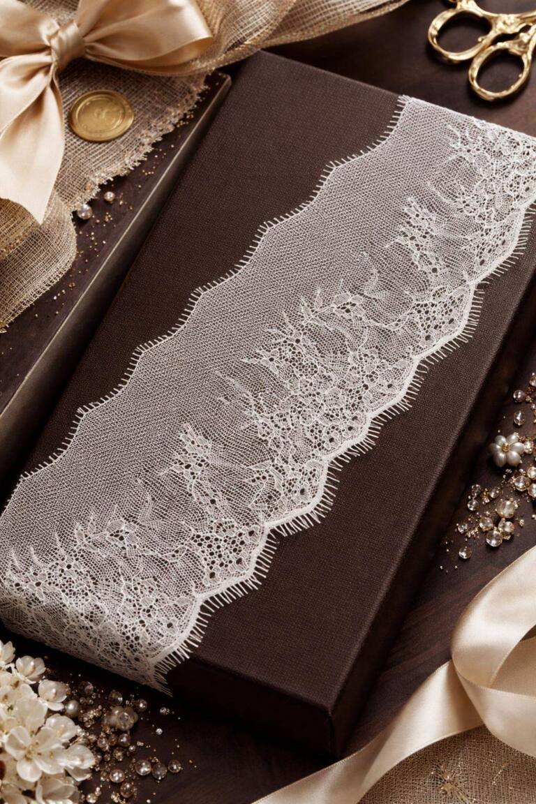 FREL327 Fine Chantilly Eyelash Lace – 3 Meter Roll lace used in gift packaging application