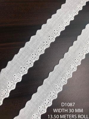 D1087 white fabric embroidered dyeable lace with delicate eyelet floral detailing and scalloped edge, 30 mm width