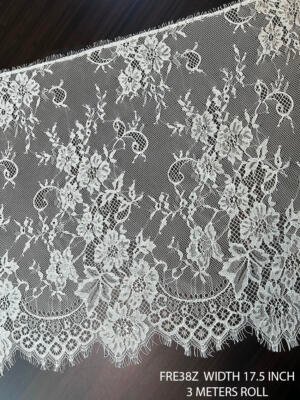 FRE38Z fine white dyeable Chantilly eyelash lace 17.5 inch wide 3 meters roll
