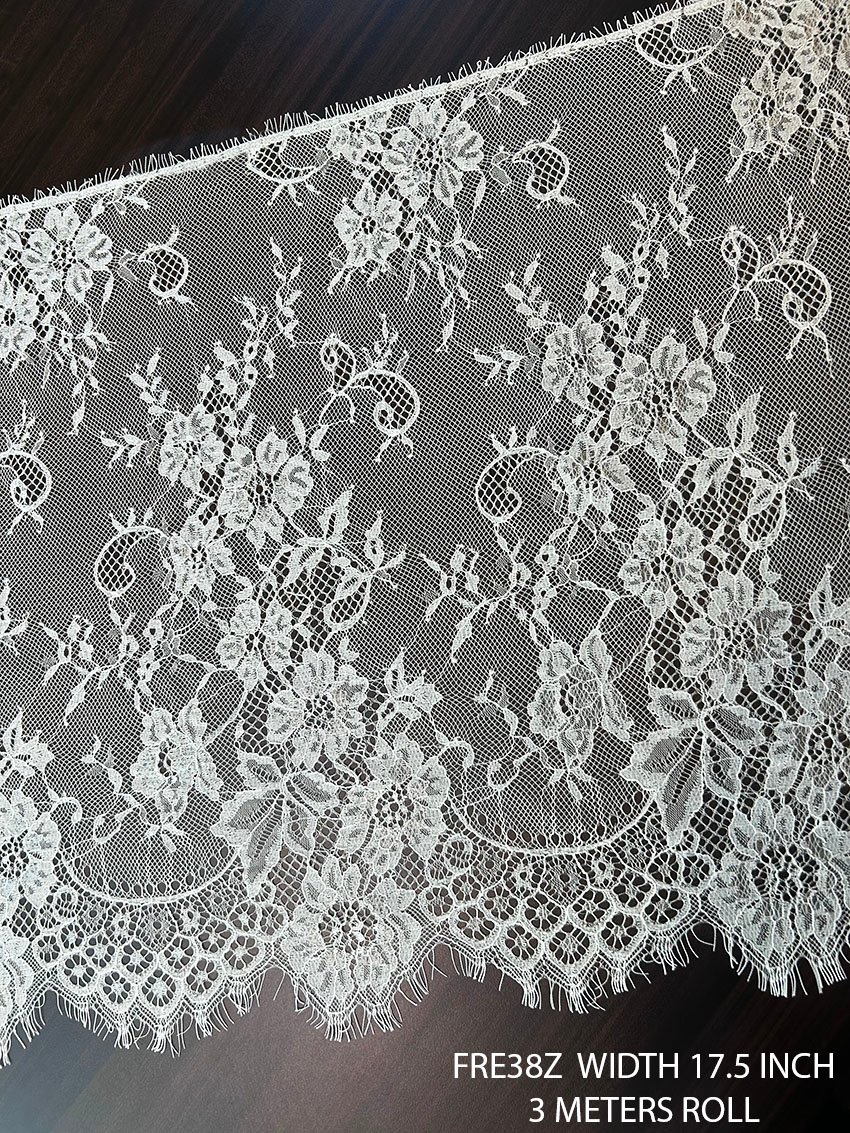 FRE38Z fine white dyeable Chantilly eyelash lace 17.5 inch wide 3 meters roll