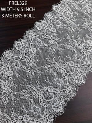 FREL329 white fine Chantilly dyeable lace with delicate floral embroidery and eyelash edges, 9.5 inch width