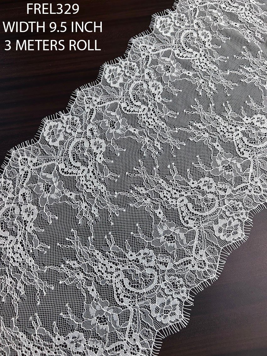FREL329 white fine Chantilly dyeable lace with delicate floral embroidery and eyelash edges, 9.5 inch width