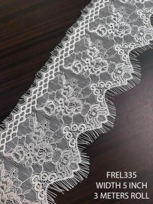 FREL335 fine Chantilly white eyelash lace trim featuring delicate floral motifs on soft net lace with elegant eyelash scalloped edges, 5 inch width.