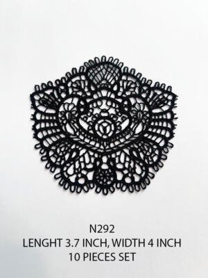 N292 black lace applique patch with intricate ornamental pattern, 3.7 inch length and 4 inch width