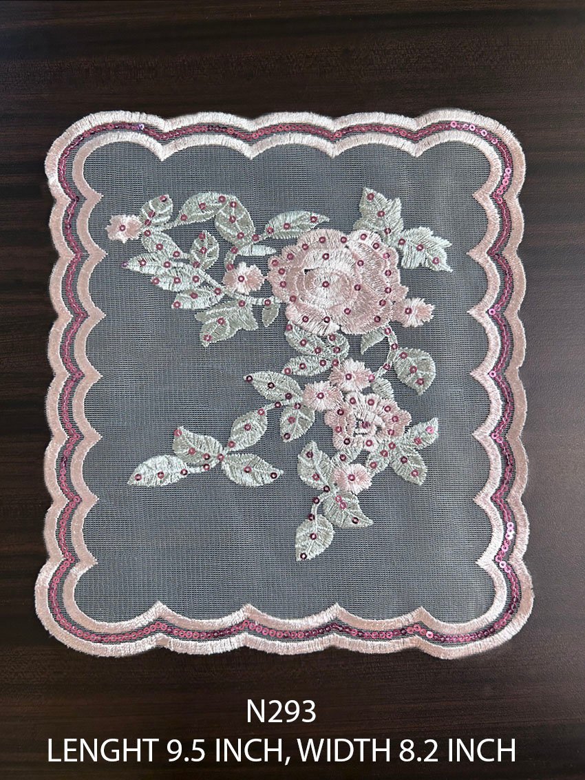 N293 multicolour floral neck lace patch with pink and green embroidery and sequin detailing, 9.5 x 8.2 inch