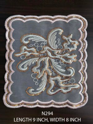 N294 neck lace patch with silver floral embroidery and gold sequin detailing, 9 x 8 inch