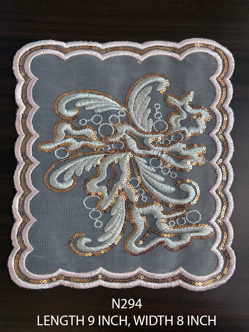 N294 neck lace patch with silver floral embroidery and gold sequin detailing, 9 x 8 inch