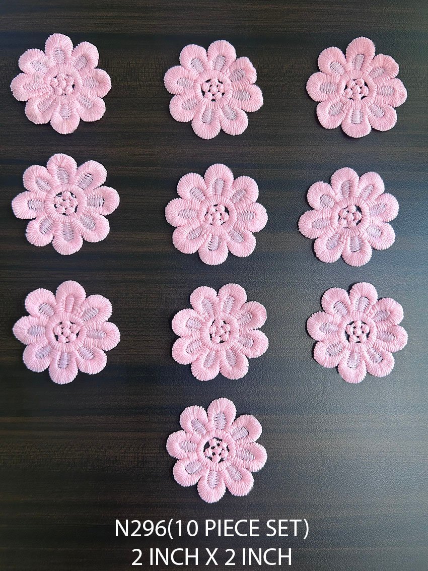 N296 pink embroidered flower lace patch 2 x 2 inch 10 piece set