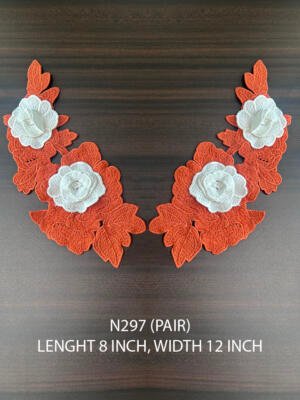 N297 orange and white 3D flower neck lace patch pair 8 x 12 inch