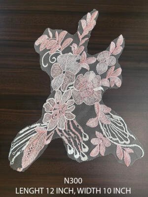 N300 dusty pink and white embroidered floral lace patch 12 x 10 inch