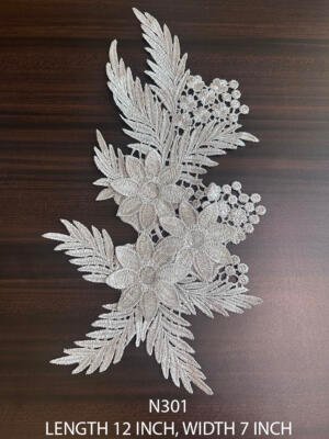 N301 silver lurex 3D floral lace patch 12 inch x 7 inch