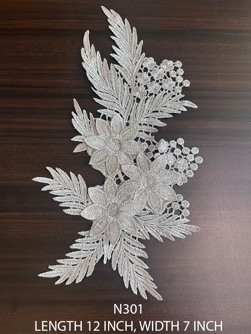 N301 silver lurex 3D floral lace patch 12 inch x 7 inch
