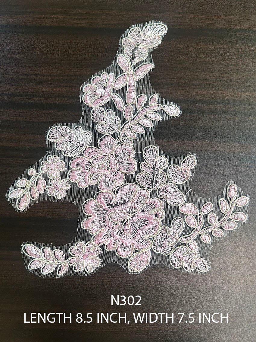 N302 light pink and golden floral lace patch 8.5 inch x 7.5 inch