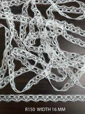 R150 white fine dyeable Raschel lace with ribbon pass hole 16 MM width