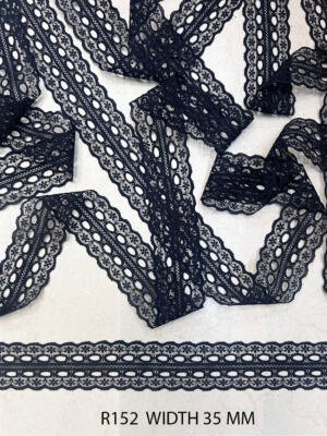 R152 black Raschel nylon lace with ribbon pass holes 35 MM width