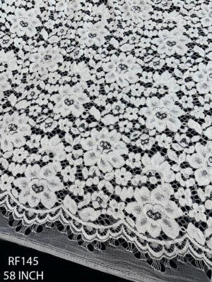 RF145 white Raschel floral lace fabric with cording and dense floral pattern, 58 inch width