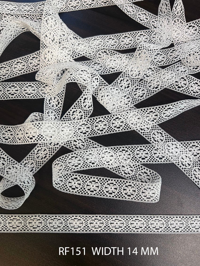 RF151 white raschel jointer lace 14 MM dyeable